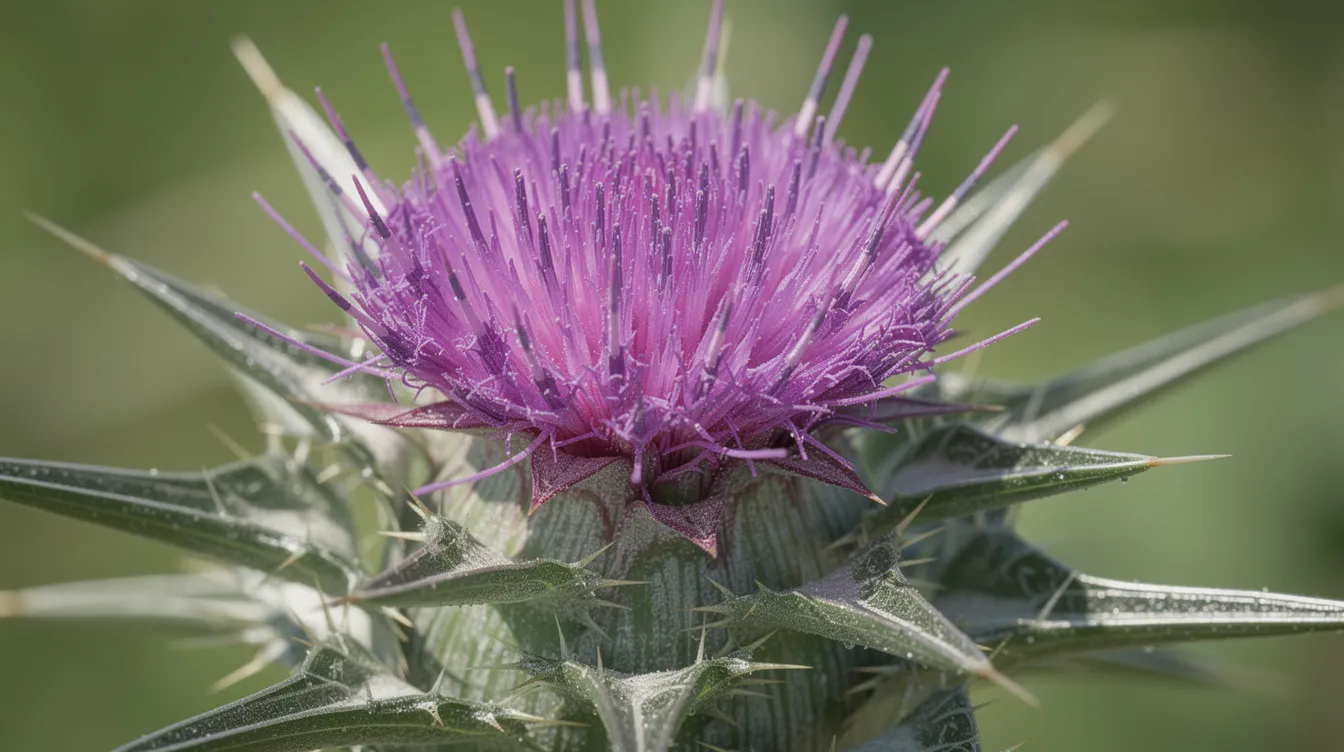 A close-up view of a vibrant purple milk thistle flower showcases its intricate spiny leaves and striking petals, highlighting the plant's potential health benefits, including support for liver health and antioxidant properties. This herbal supplement is often associated with liver detoxification and may help protect liver cells from damage.