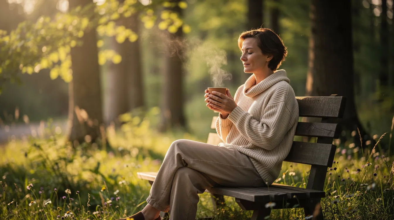 A person sits peacefully outdoors, cradling a warm mug in their hands, surrounded by lush greenery and the calming presence of nature. This serene scene evokes a sense of relaxation, reminiscent of the soothing effects of herbal remedies like lemon balm and chamomile, often used to alleviate anxiety and promote mental well-being.