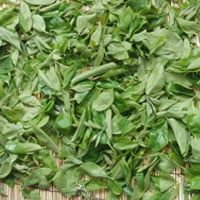A pile of green leaves sitting on top of a wooden table.
