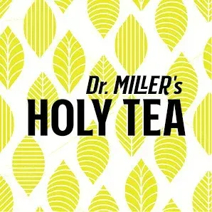 A logo for dr. miller 's holy tea with yellow leaves on a white background