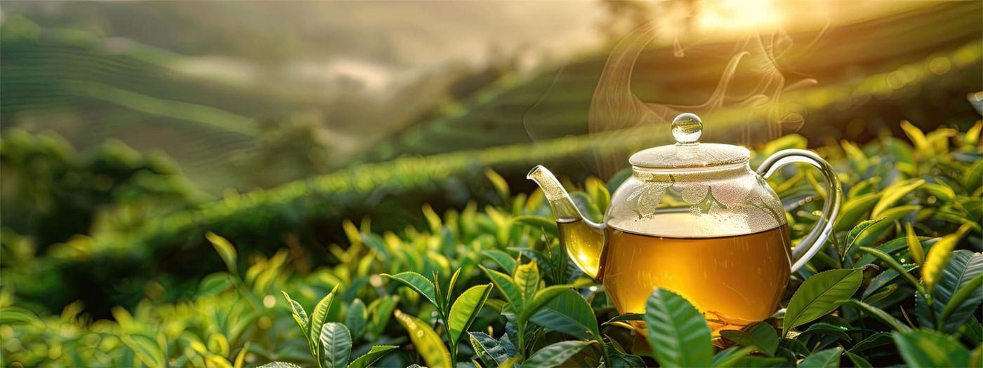 A glass teapot filled with tea is sitting in a tea plantation.