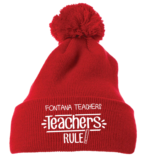 Red knit beanie with pom-pom. White text: 