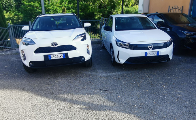 Tulle bianco e fiori rosa drappeggiati sul cofano nero lucido di un'auto durante un matrimonio all'aperto.