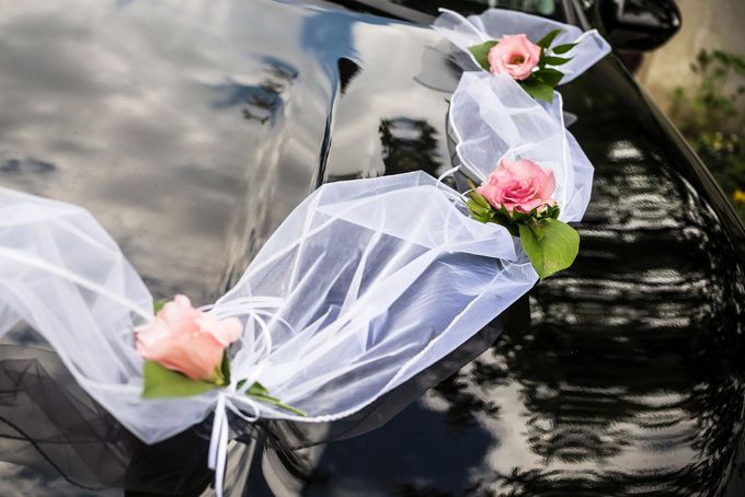 Tulle bianco e fiori rosa drappeggiati sul cofano nero lucido di un'auto durante un matrimonio all'aperto.
