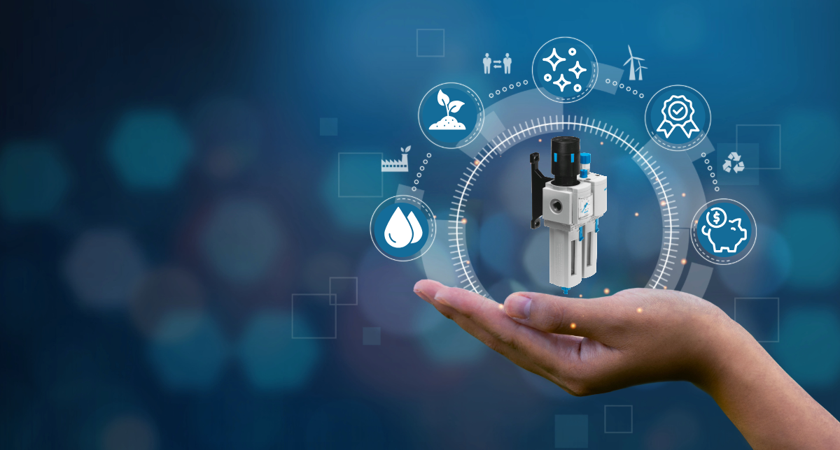 Hand holding up a Festo filter regulator