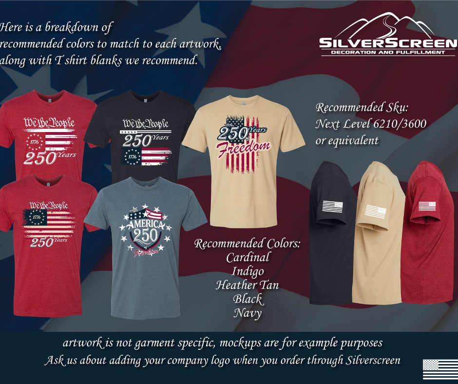 America 250 apparel ad with T-shirts and a cap in red, tan, and gray