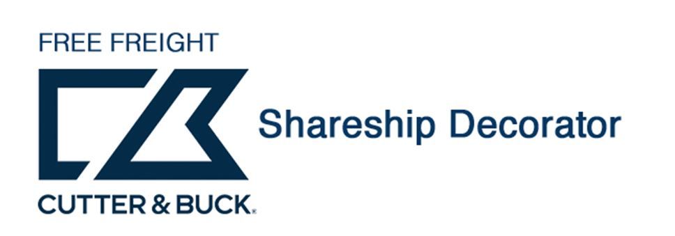 Logo for Cutter & Buck Shareship Decorator. Dark blue logo with text: FREE FREIGHT, Cutter & Buck, and Shareship Decorator.