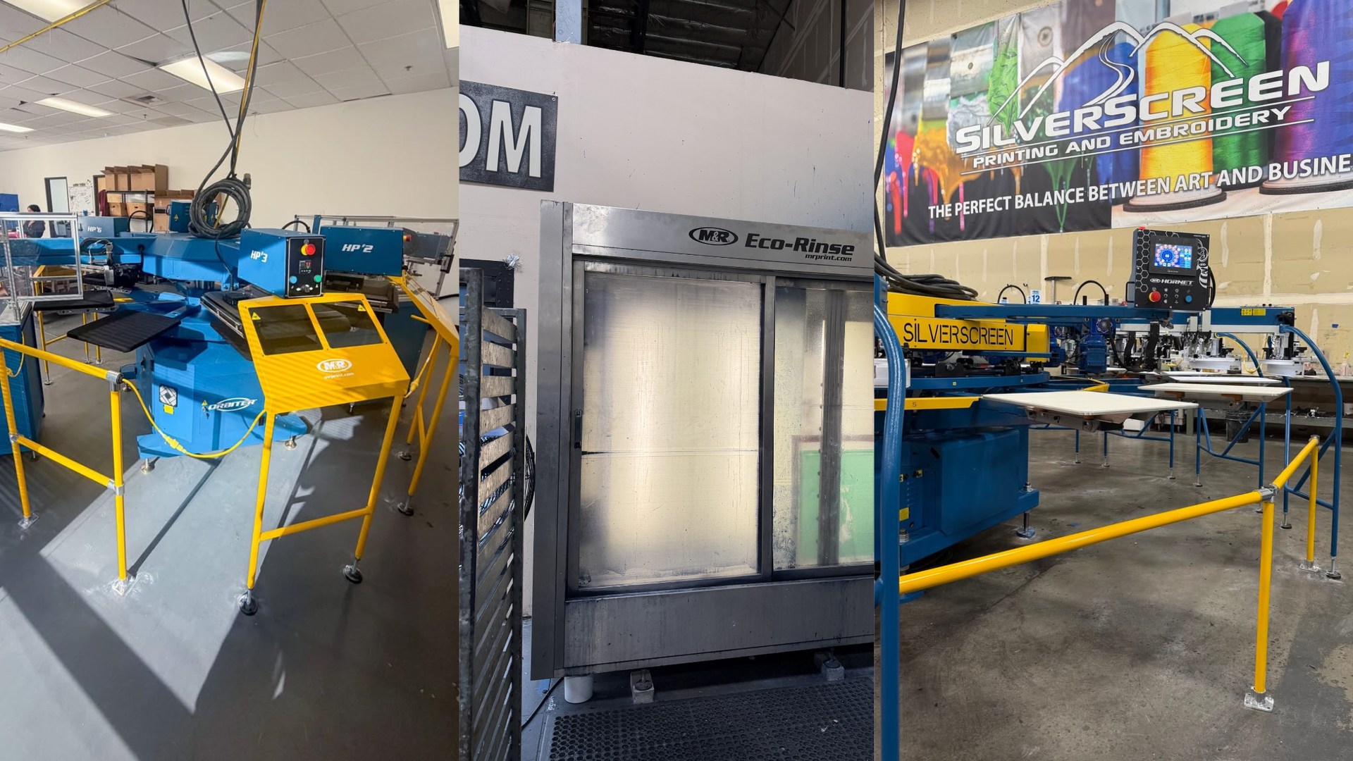 Blue-and-yellow industrial machine in a factory, shown from multiple angles with a central control cabinet