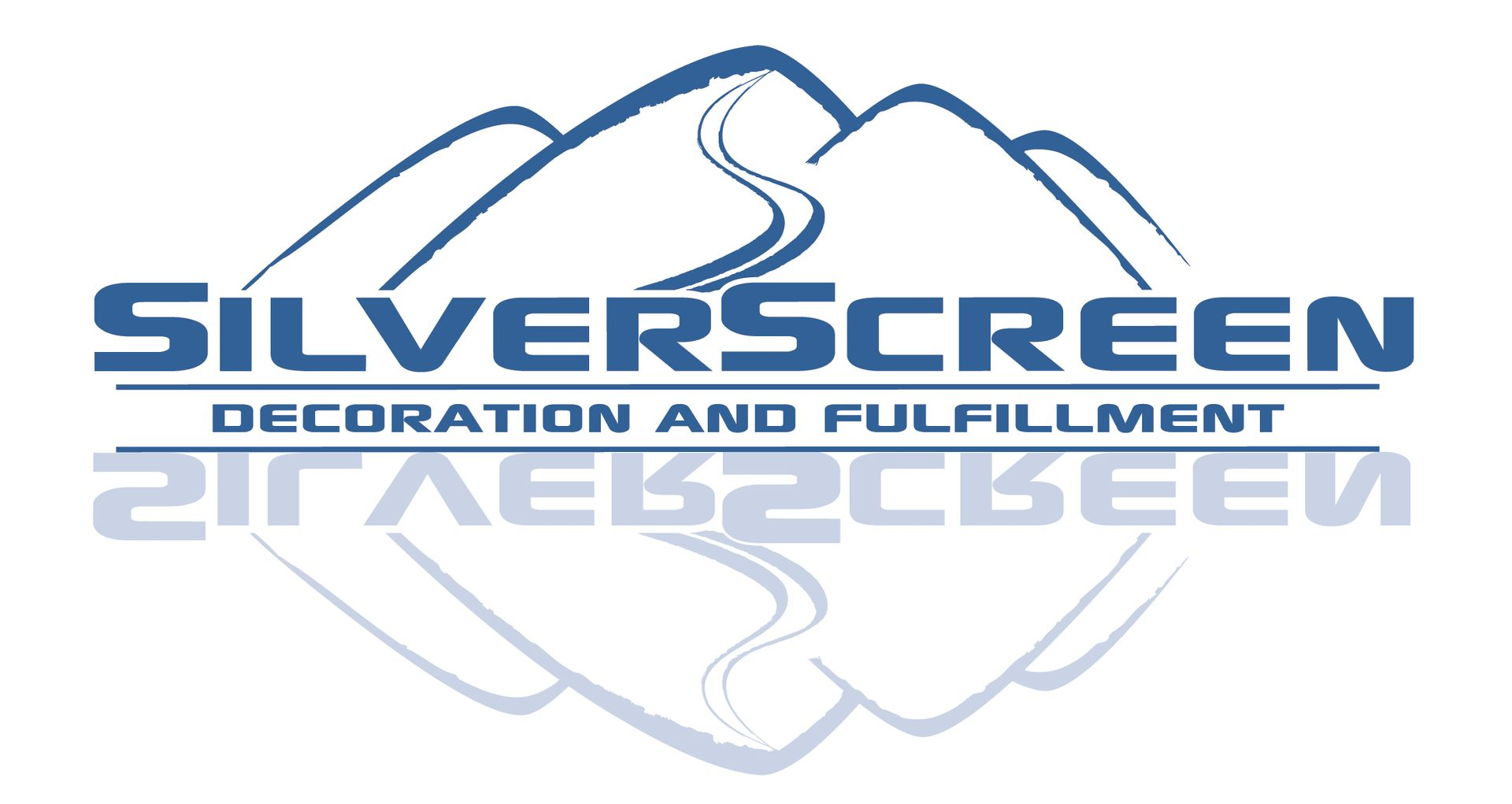 Logo with blue mountains and a winding road, the name 