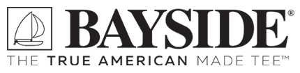 Logo for Bayside apparel with a sailboat graphic and the tagline "The True American Made Tee."