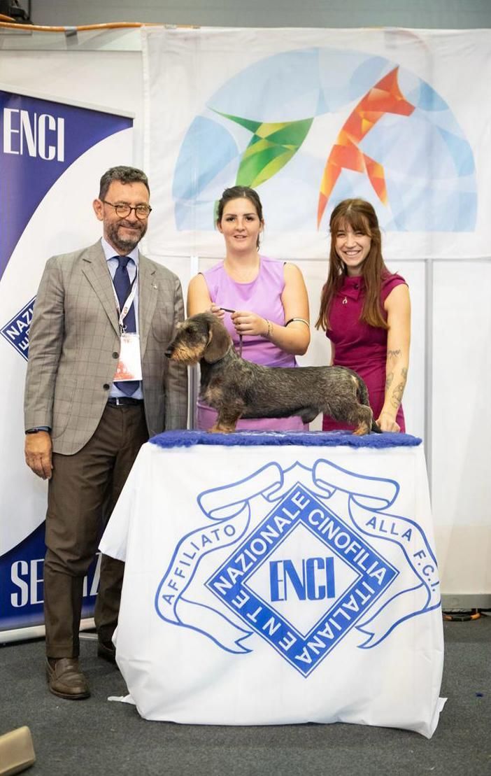 Un uomo e due donne sono in piedi accanto a un bassotto su un tavolo.