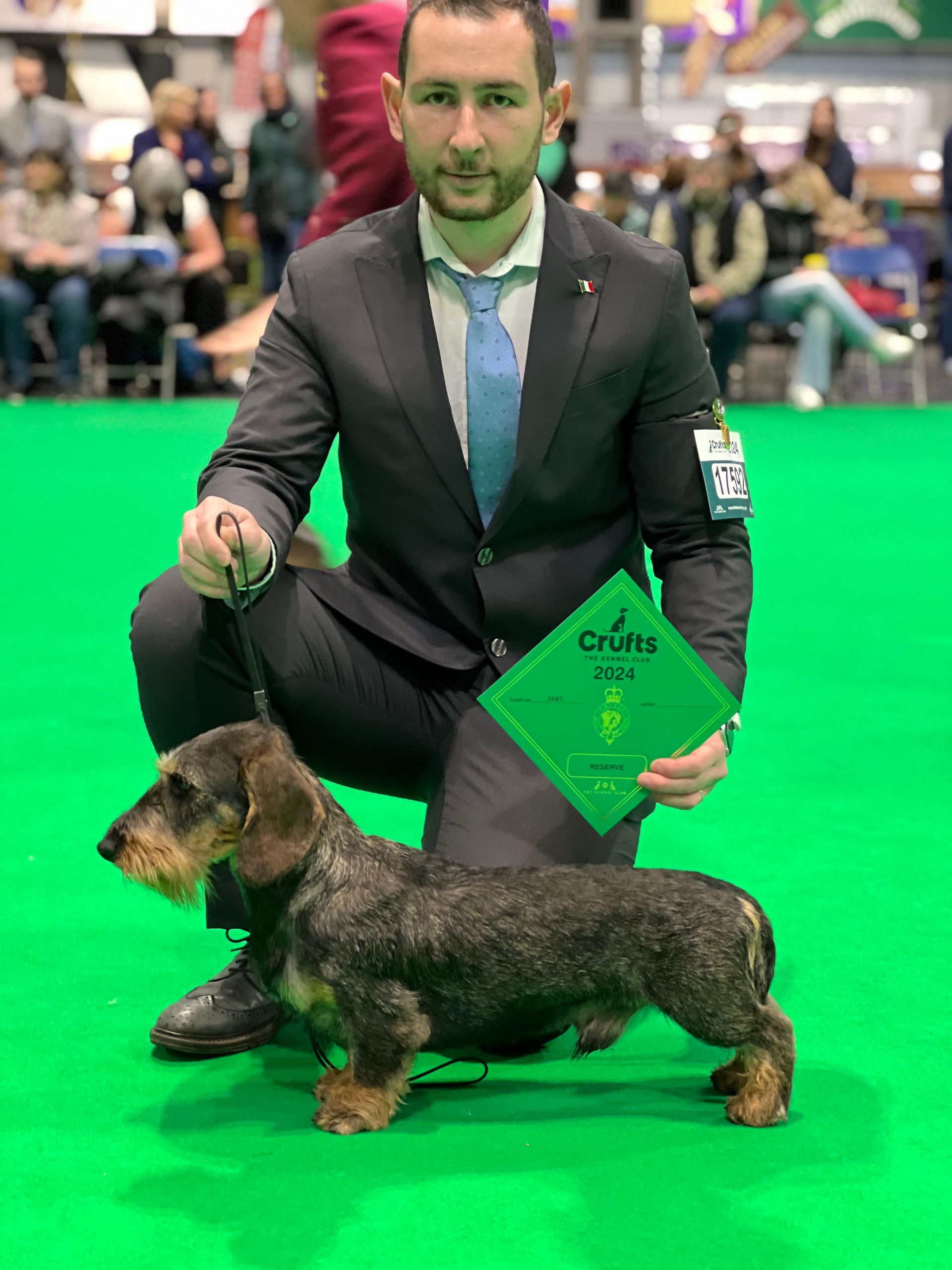 Un uomo in giacca e cravatta è inginocchiato accanto a un bassotto su un tappeto verde.