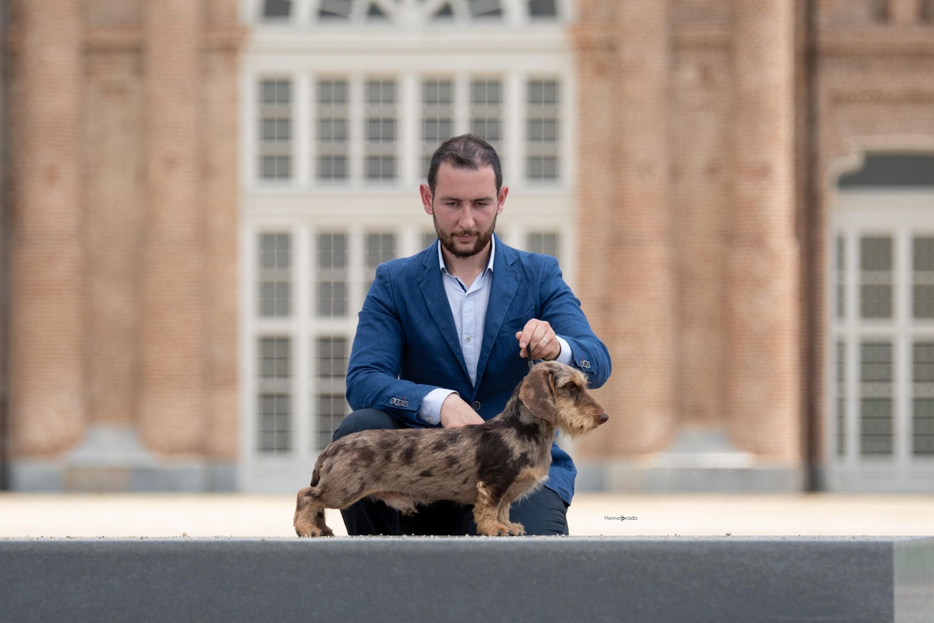 Un uomo in giacca e cravatta è inginocchiato accanto a un bassotto davanti a un edificio.