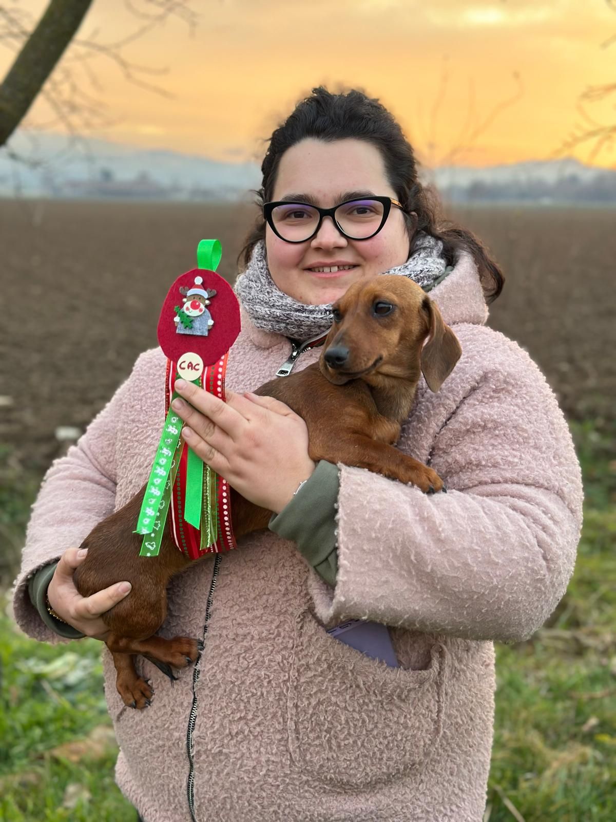 Una donna tiene in braccio un piccolo cane marrone.