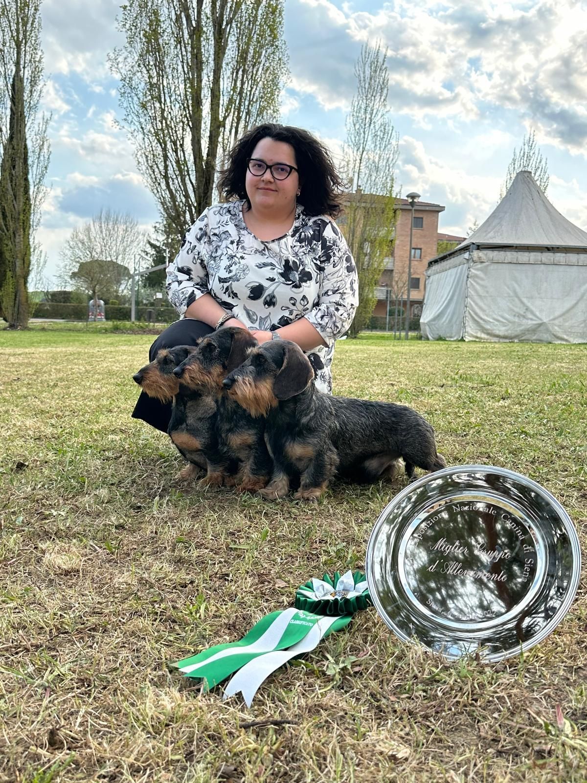 Una donna è seduta sull'erba con tre cuccioli di bassotto.