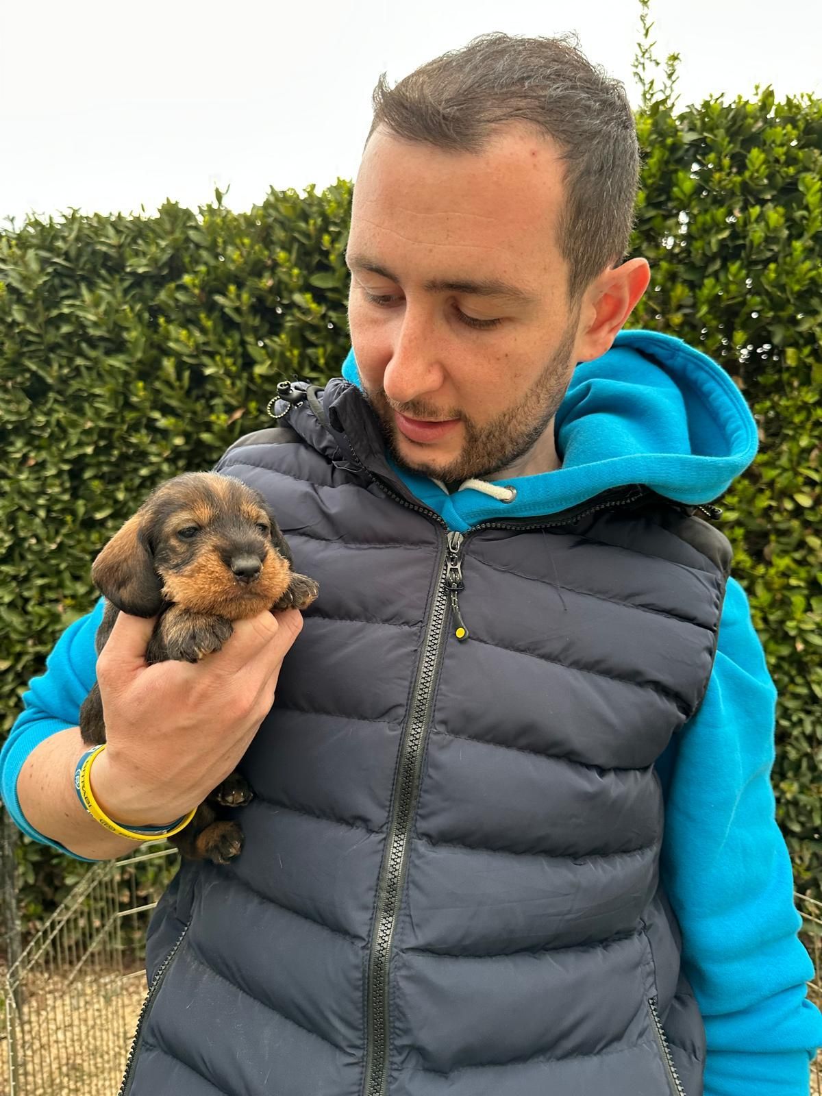 Un uomo con una felpa blu tiene tra le mani un cucciolo.