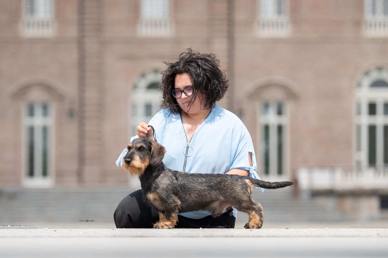 Una donna è inginocchiata accanto a un cagnolino.