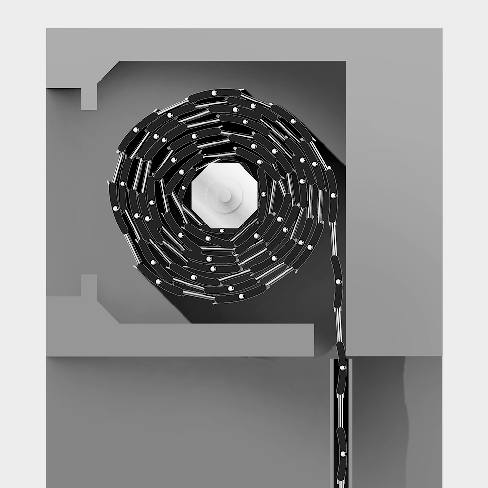 Meccanismo per tenda a rullo. Catena nera su rullo bianco, all'interno di una cornice grigia, su sfondo grigio chiaro.