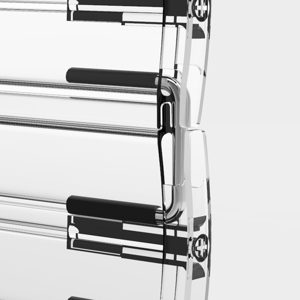 Scaffale trasparente a più livelli con barre orizzontali nere e dettagli di design circolari, eventualmente ferramenta.