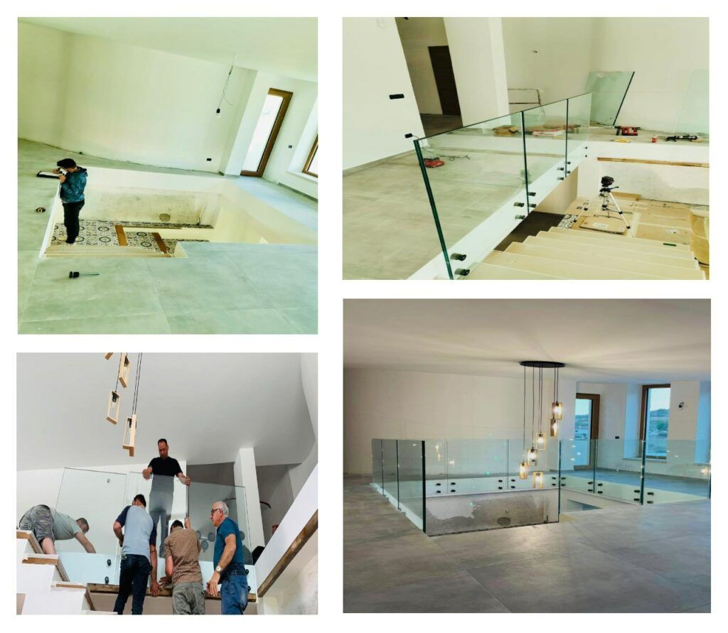 Operai edili che installano una ringhiera in vetro e delle scale in un interno luminoso. Si vedono gli operai al lavoro sui componenti della ringhiera e delle scale.