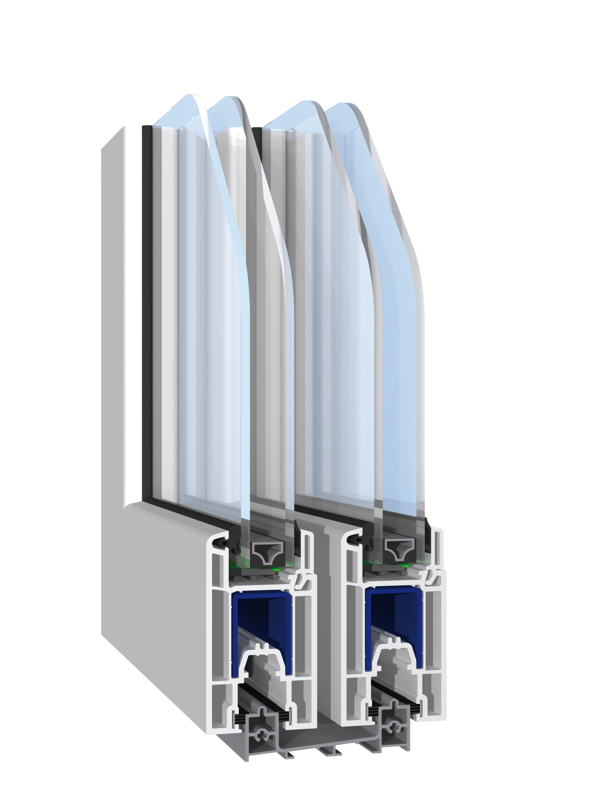 Sezione trasversale di una finestra a doppi vetri, che mostra i pannelli di vetro all'interno di una cornice in vinile bianco e gli spazi interni per l'aria.