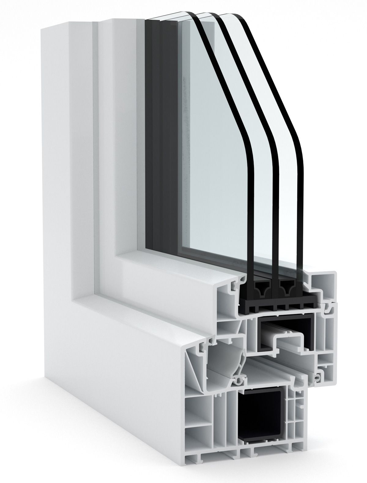 Vista in sezione di una finestra bianca a triplo vetro, che mette in mostra la struttura e la struttura degli strati di vetro.