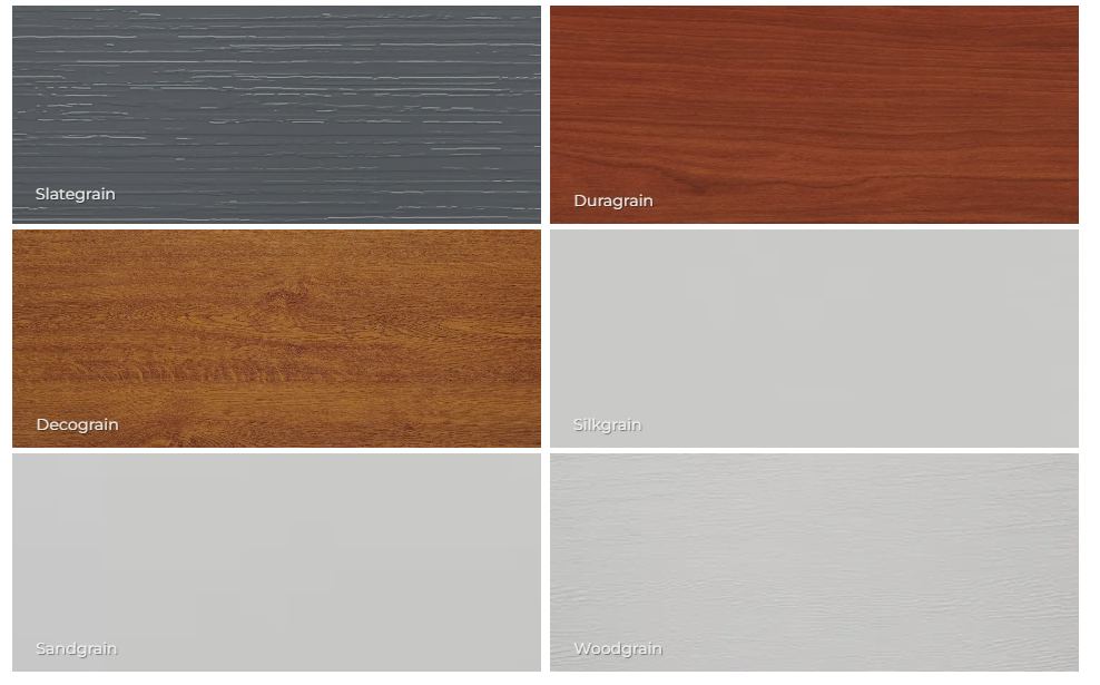 Sei campioni di colori: Simona, Rame, Rovere Sonoma, Antracite, Bianco e Effetto legno bianco.