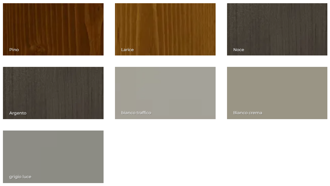 Campioni di colore che mostrano diverse tonalità di mordente per legno e colori di vernice solida, tra cui marrone, grigio e beige.