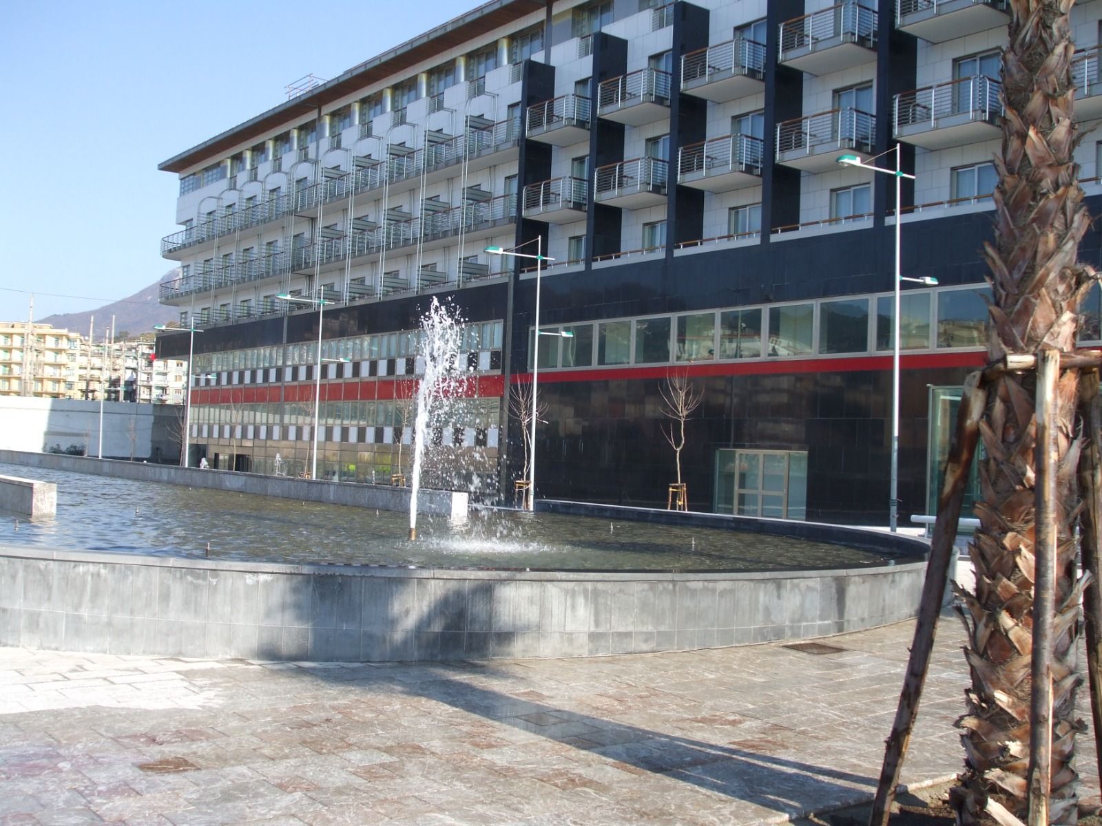 Un edificio con balconi e facciata nera accanto a una fontana in una piazza. In primo piano è visibile il tronco di una palma.