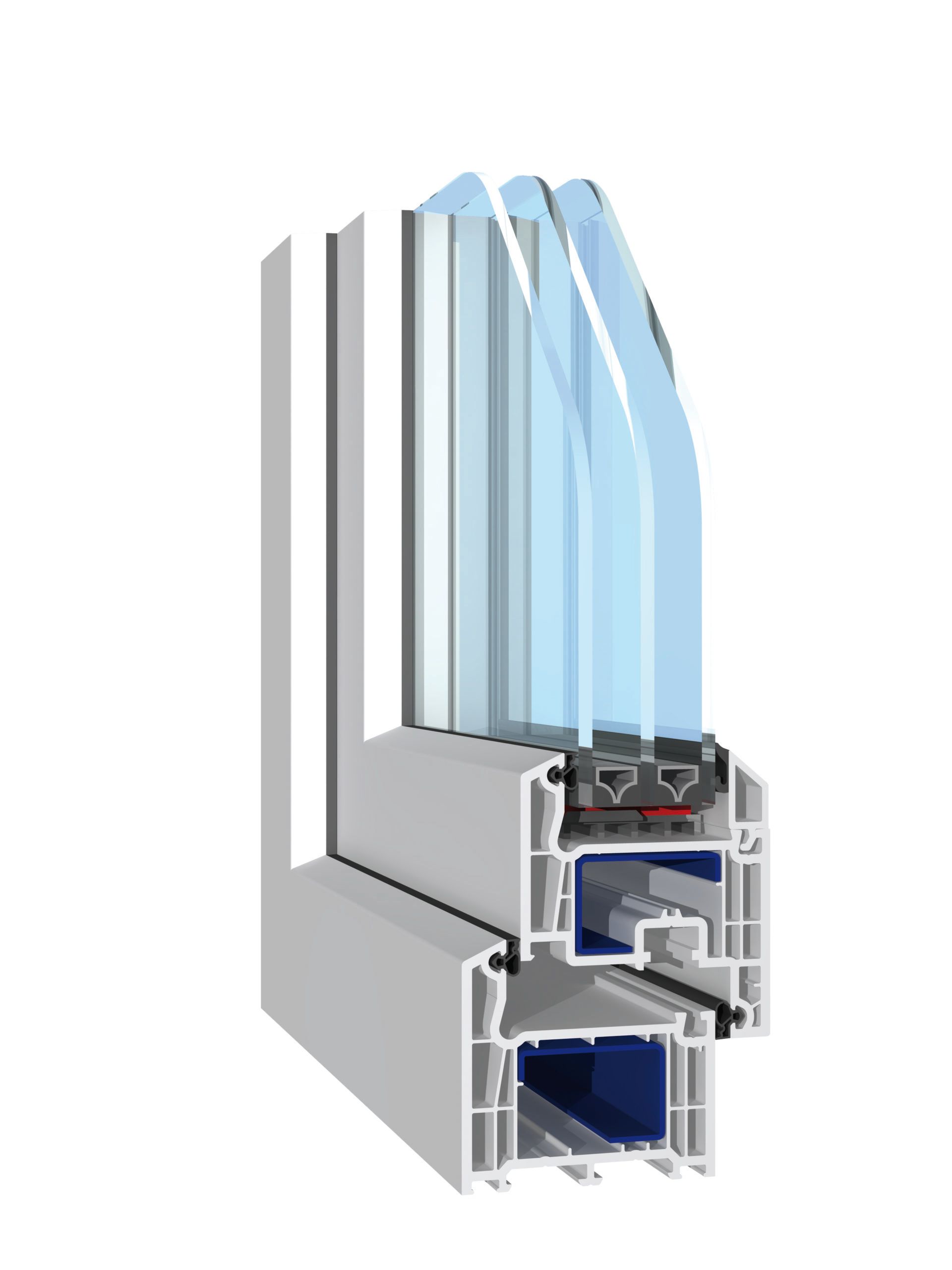 Schema della sezione trasversale di un telaio di finestra in vinile bianco con più pannelli di vetro, che evidenzia l'isolamento e la struttura.
