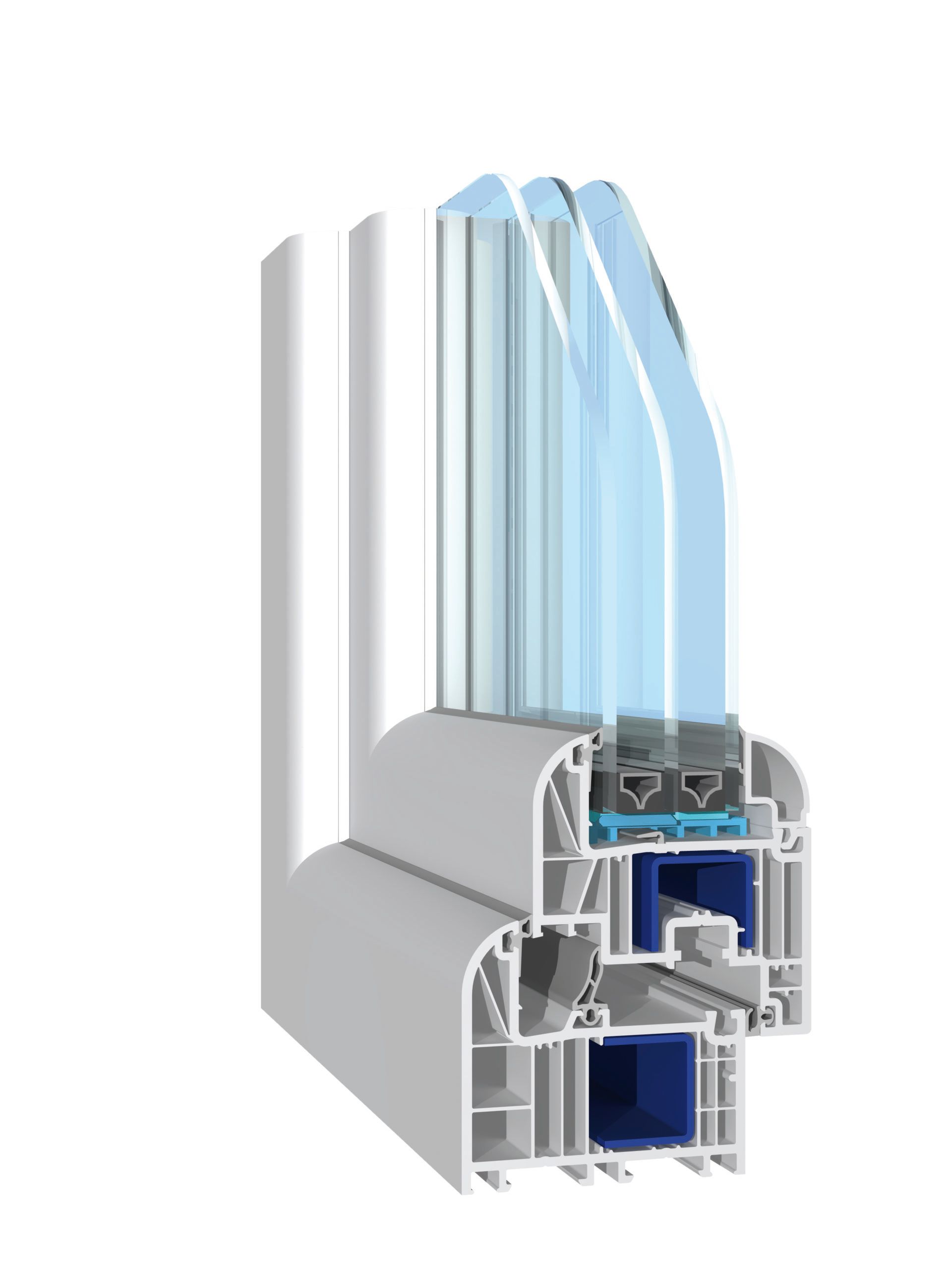 Sezione trasversale di un telaio di finestra in vinile bianco con tre pannelli di vetro, che ne evidenzia il design multicamera per l'isolamento.