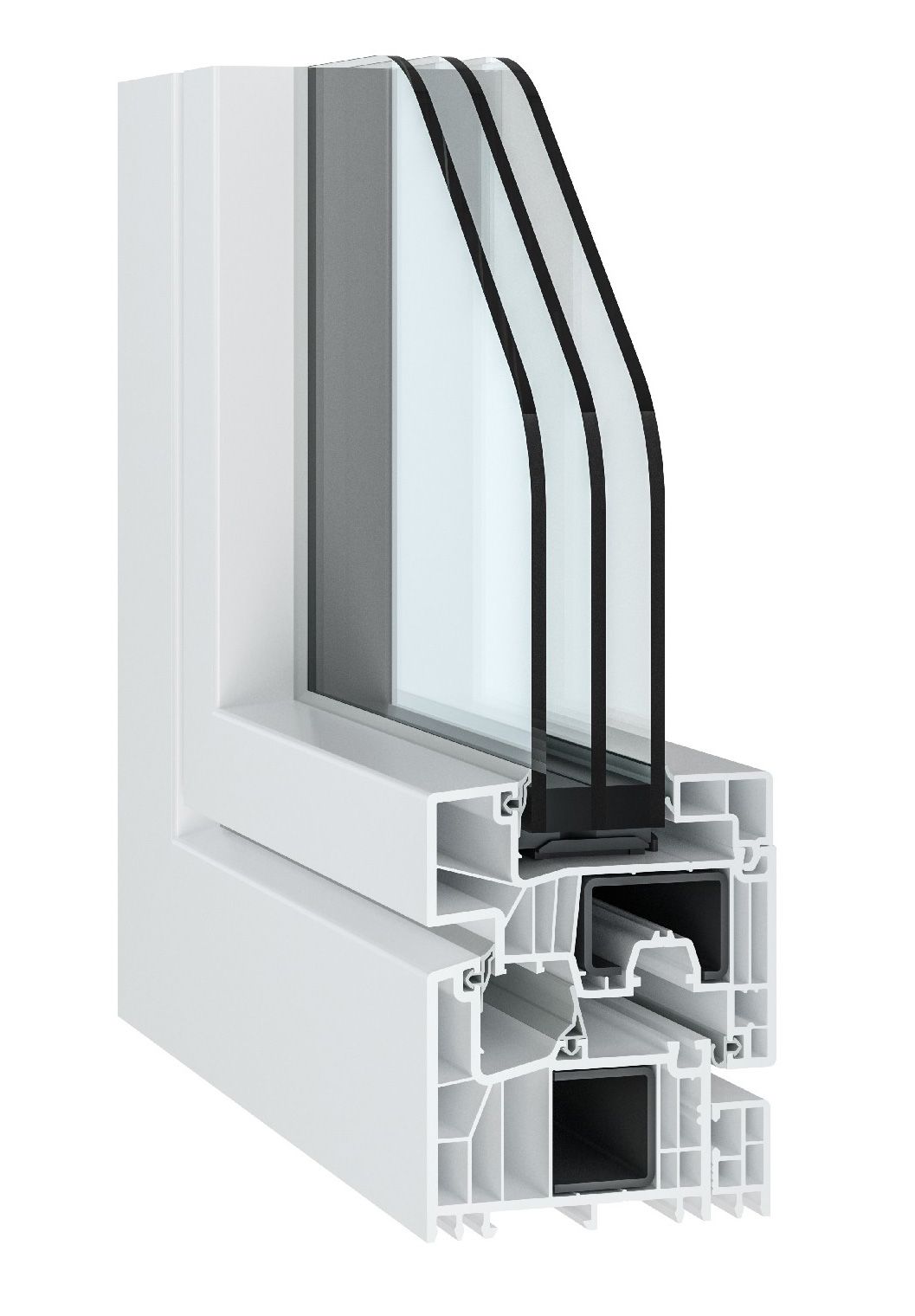 Sezione trasversale del telaio di una finestra in PVC bianco, con triplo vetro e camere interne per l'isolamento e il supporto strutturale.