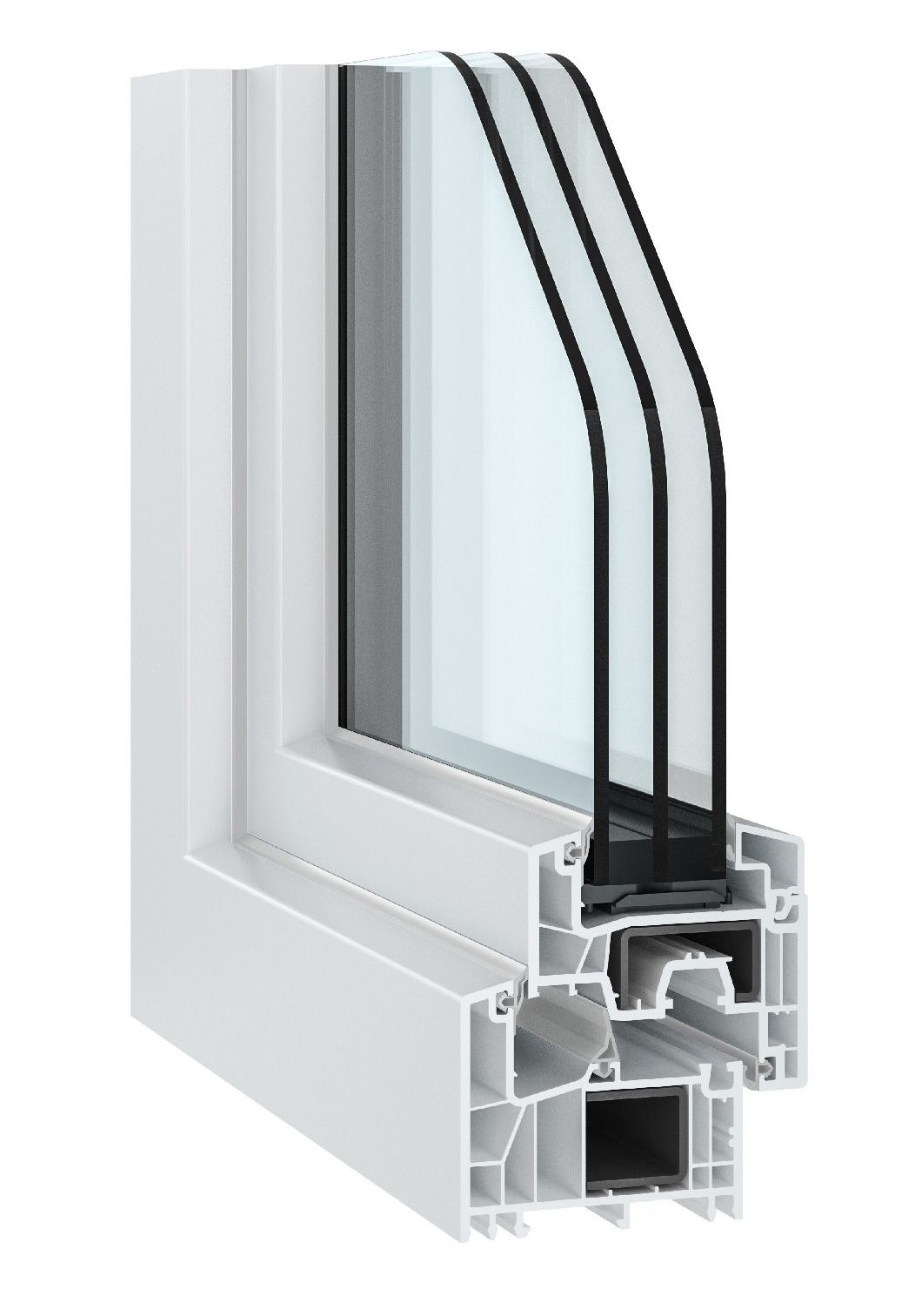 Sezione trasversale del telaio di una finestra bianca a triplo vetro, che mostra gli strati di vetro e la struttura.