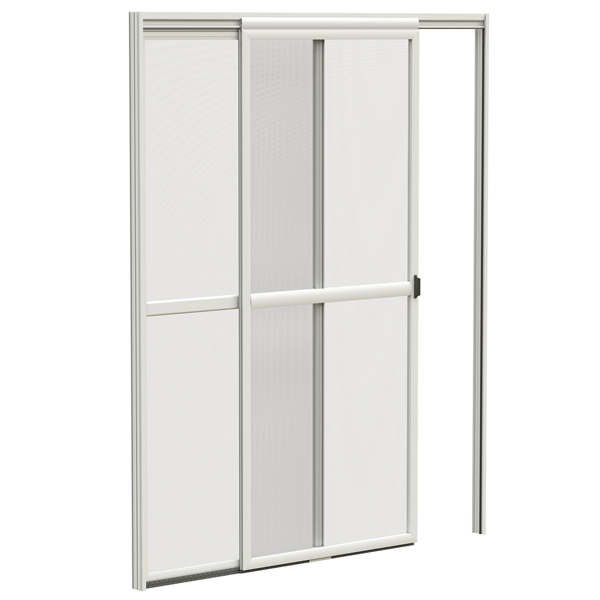 Porta scorrevole bianca, parzialmente aperta, contro uno stipite bianco, a protezione dell'ingresso.