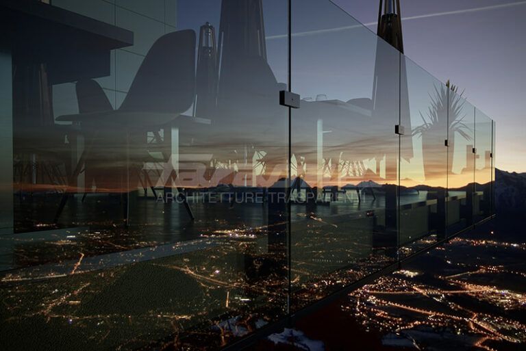 Facciata in vetro che riflette un paesaggio urbano futuristico con edifici illuminati e montagne al tramonto.