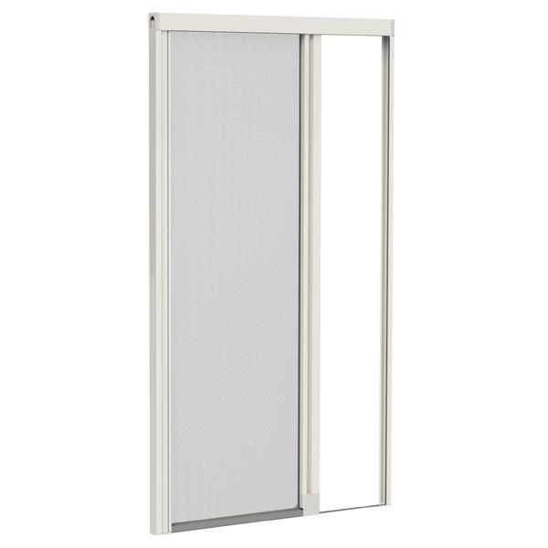 Porta scorrevole bianca, parzialmente aperta, con telaio di colore neutro.