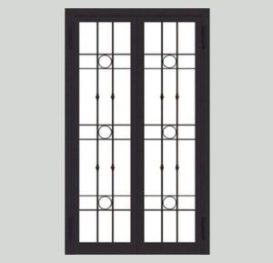 Doppia finestra in metallo nero con motivo a griglia e cerchi decorativi.