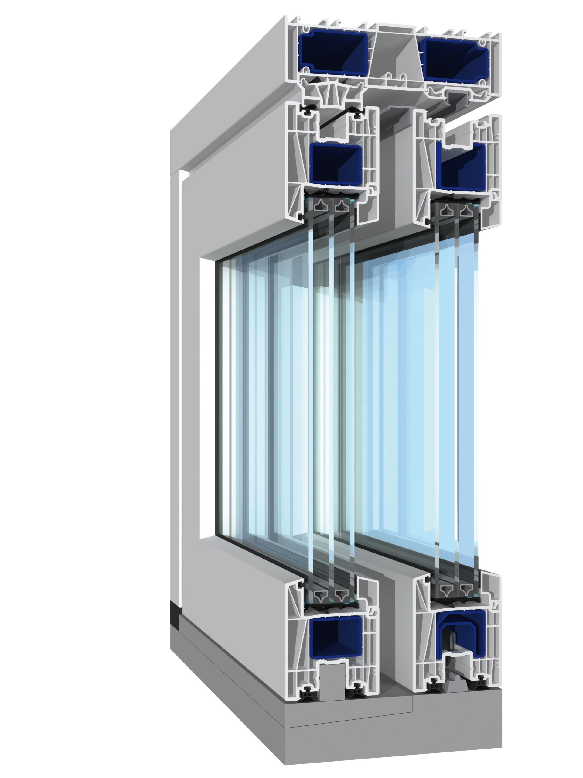 Sezione trasversale del telaio di una finestra bianca a doppi vetri, che mostra i profili in PVC multicamera, i vetri e l'isolamento.
