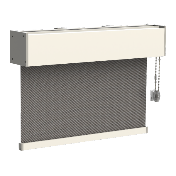 Tenda a rullo con rete grigia, binario superiore e inferiore color crema, con meccanismo a catena sul lato destro.