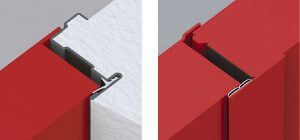 I diagrammi mostrano un componente rosso che si inserisce in un componente bianco, illustrando un dettaglio di costruzione o di falegnameria.