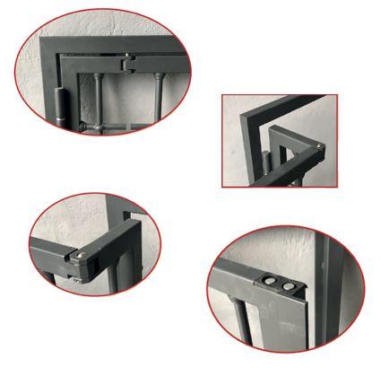 Dettagli di un cancello in metallo scuro, con primi piani delle cerniere e dei giunti angolari.