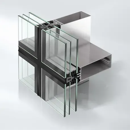 Modello in sezione trasversale di una moderna facciata continua in vetro con più pannelli di vetro, struttura in alluminio e finitura metallica.