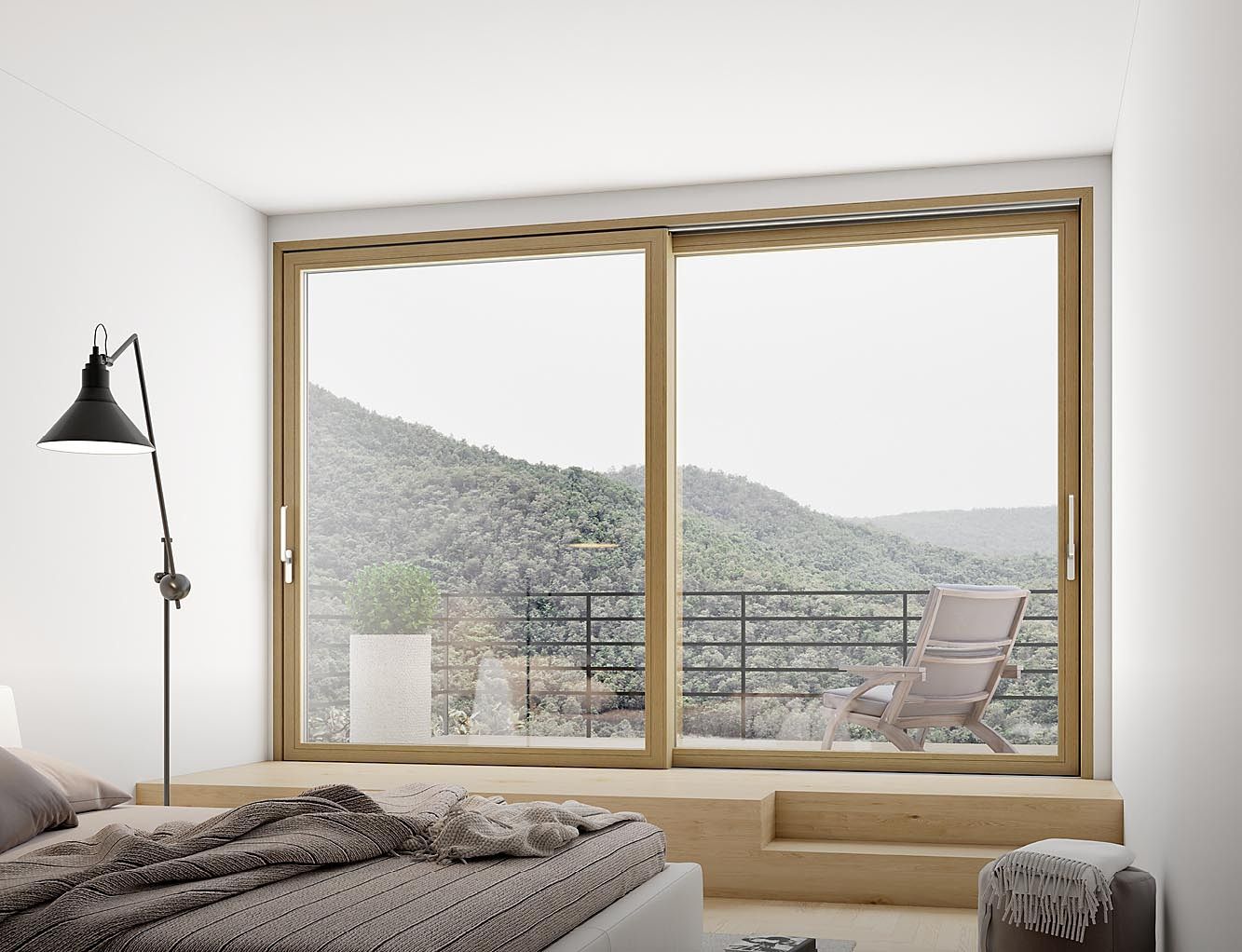 Una camera da letto con una grande finestra che si affaccia sulle montagne. In primo piano c'è un letto con una coperta; di lato c'è una lampada.