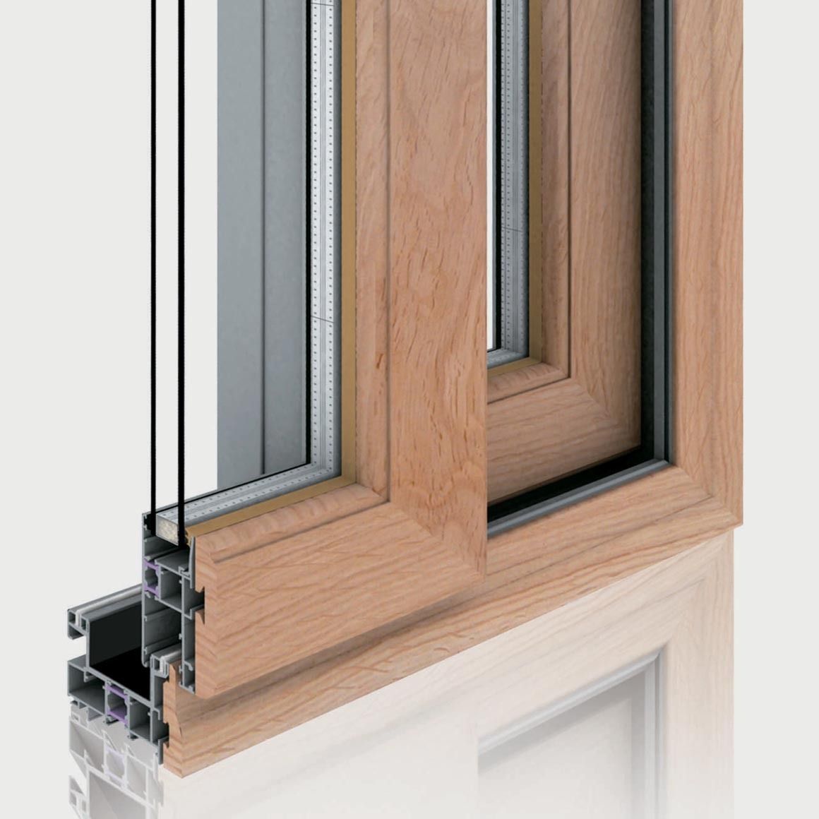 Sezione trasversale di un telaio di finestra con componenti in legno, alluminio e vetro, che mette in mostra gli strati isolanti.