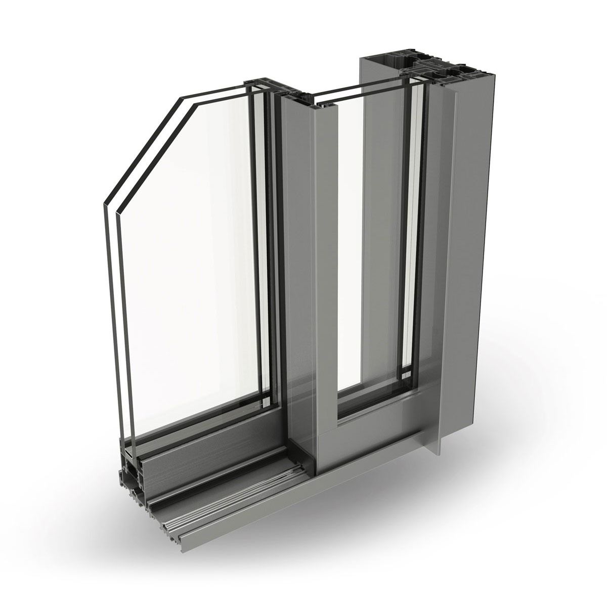 Vista in sezione del telaio di una porta scorrevole in vetro, che mostra i pannelli di vetro stratificati e i componenti della struttura metallica.