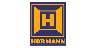 Logo di Hörmann, produttore di porte e portoni da garage. Rappresenta una "H" dorata all'interno di un quadrato blu scuro con bordi dorati. Sotto, la scritta "HÖRMANN" è in oro.