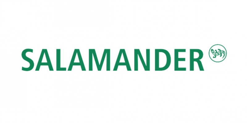 La parola "SALAMANDER" in testo verde con il simbolo di un marchio registrato e un logo composto da tre forme verdi sovrapposte su sfondo bianco.