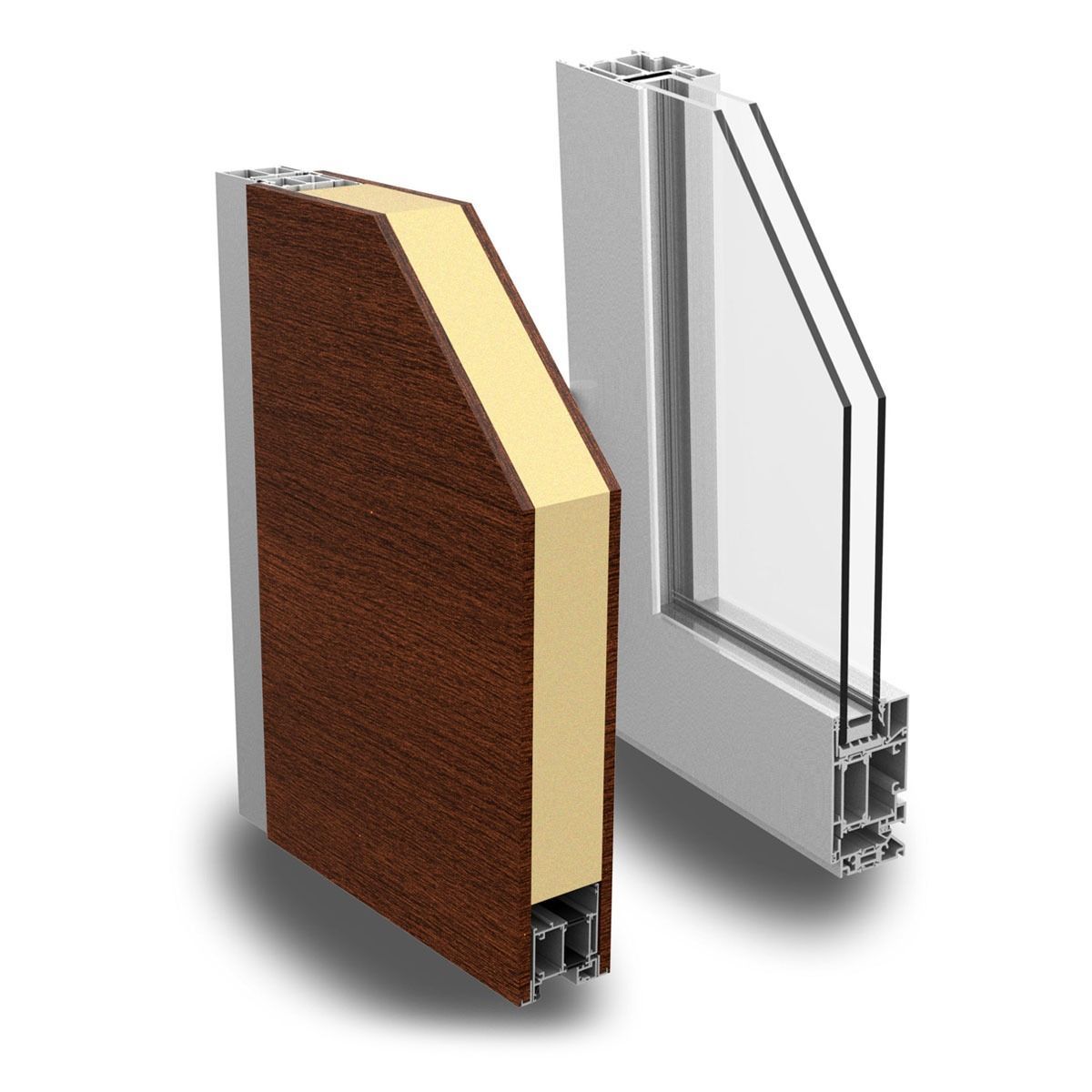 Sezione trasversale del telaio di una porta e di una finestra. La porta mostra l'esterno in legno, l'isolamento e il telaio in metallo. Il telaio della finestra presenta un vetro a doppio vetro.