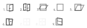 Diagramma di nove configurazioni di finestre, etichettate da 1 a 9, che illustrano diverse posizioni di apertura e chiusura.