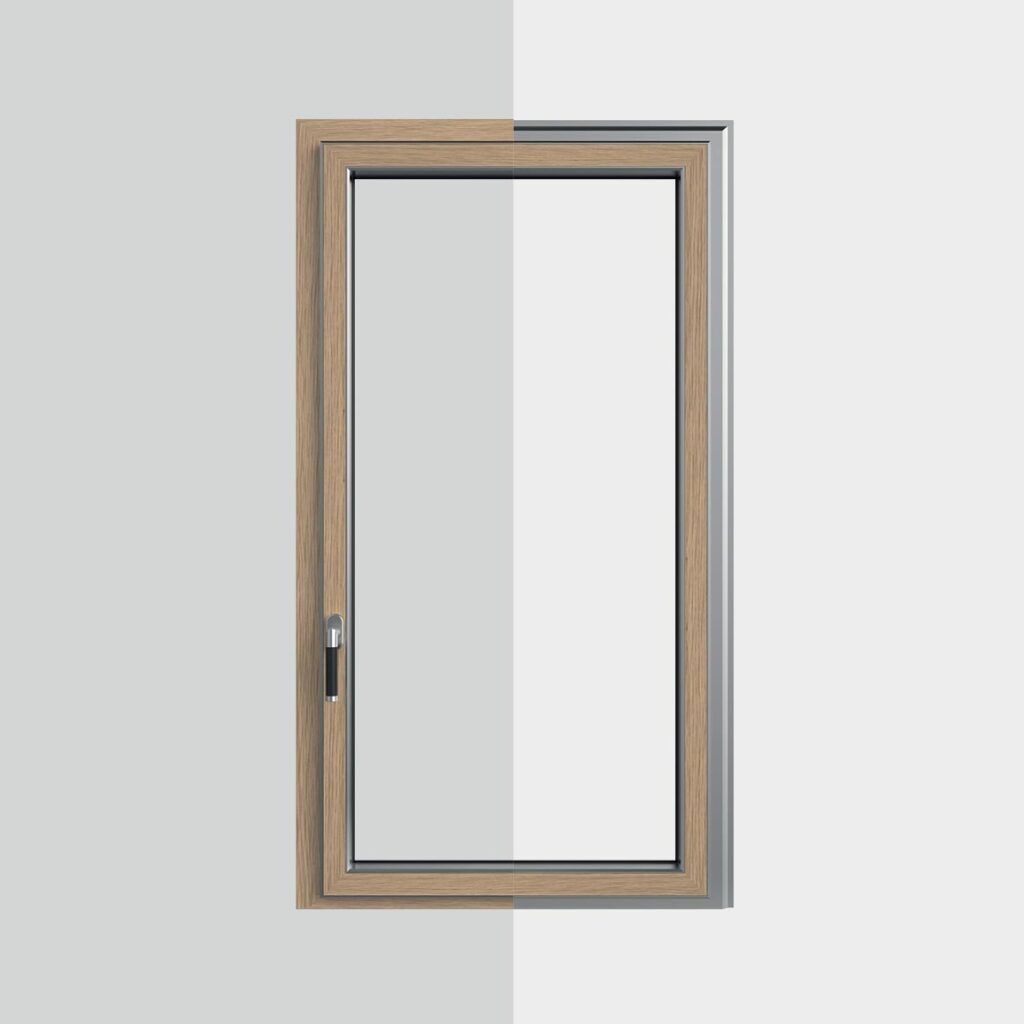 Una finestra con telaio in legno e pannello di vetro, su uno sfondo grigio sfumato.